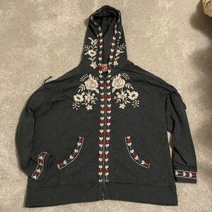 Johnny Was Floral Embroidered Full Zip Sweatshirt
